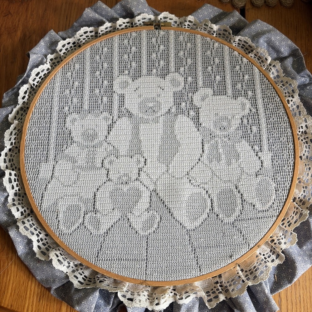 Lace Teddy Bear Embroidery Hoop Wall Hanging Cottage core Eyelet Ruffle 10"